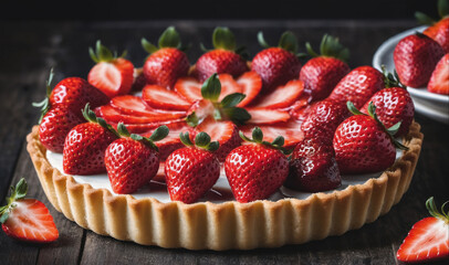 A strawberry tart sits on a wooden table