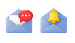 © Lamona - 3D Closed envelopes with speech bubble and bell. New message notification. Send letter by email. Push reminder. Newsletter subscription. Cartoon creative design icon set. 3D Vector illustration