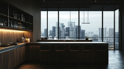 Dark wooden kitchen design with bar island, seating, and kitchenware. Panoramic window overlooking Singapore's skyline. Empty wall partition for creative use.