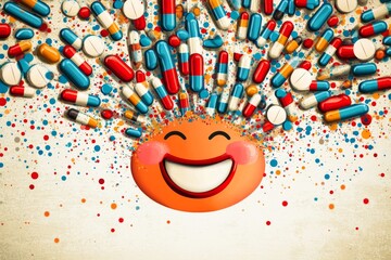 Poster - Explosion of colorful pills bursting from a happy face symbolizing the energetic and vibrant nature of modern medicine