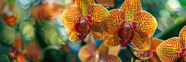 Poster - Vibrant yellow and red orchids with intricate venous patterns displayed at a garden conservatory orchid exhibition during the spring season.