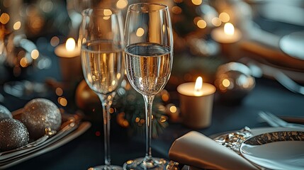 Elegant New Year's table setting with champagne glasses, candles, and festive decorations. Gold and silver accents on a dark tablecloth.