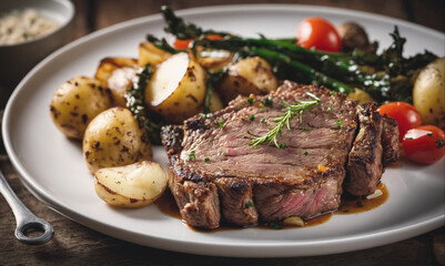 A juicy steak sits on a white plate with roasted potatoes, asparagus, and cherry tomatoes