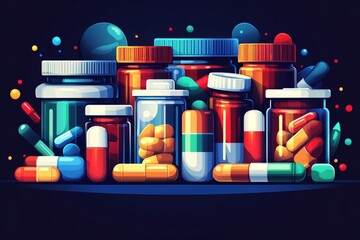 Canvas Print - Artistic display of colorful pill bottles with smiling faces symbolizing the creative and friendly approach to healthcare and wellness