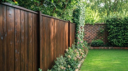 Featheredge wooden garden fence with brick wall, offering durability and aesthetic appeal. The brown stain complements the natural yard surroundings.