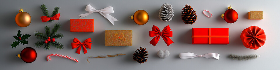 A group of gifts and decorating materials, above view of getting ready for a party. 