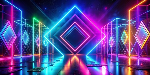 Wall Mural - Vibrant neon lights in various geometric shapes set against a dynamic and futuristic background