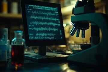 Sticker - Close Up of a High Tech Microscope with DNA Strand and Data Analysis Display Highlighting the Convergence of Genetics and Biotechnology