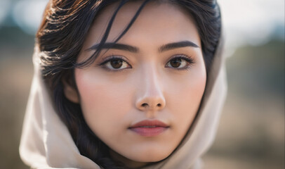 A woman with brown eyes and a tan scarf on her head