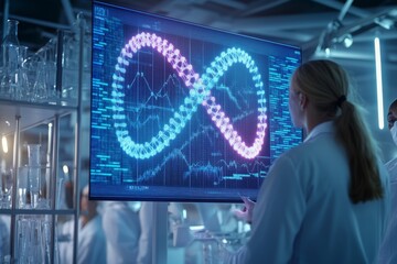 Wall Mural - Scientist Analyzing DNA Data on Multiple Screens in a High Tech Laboratory Illustrating the Future of Genomics and Biotechnology Research