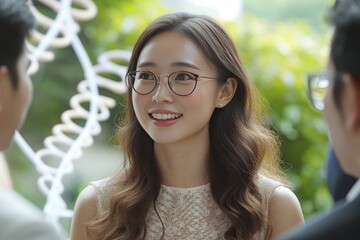 Wall Mural - Portrait of a Smiling Female Scientist in a Lab Coat Emphasizing the Human Element in Modern Genetic Research and Biotechnology