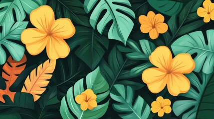 Poster - Brighten up your project with this cheerful cartoonstyle yellow flower and leaf pattern, perfect for art and design