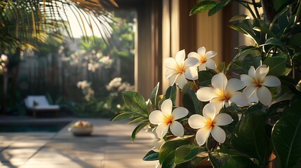 Wall Mural - Tropical Garden with White Flowers and Sunlight