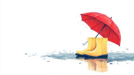 Canvas Print - A bright illustration features yellow boots splashing in a puddle, accented by a vibrant red umbrella against a clean white backdrop.