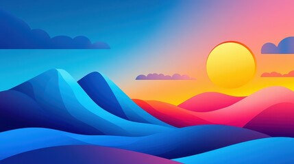 Sticker - A cheerful sunrise peeks over a whimsical landscape, painting the sky in vibrant hues against fluffy clouds.