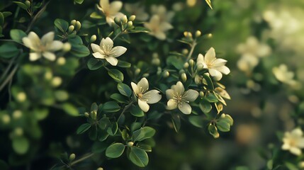 Wall Mural - Close-up of Delicate White Flowers on a Green Bush