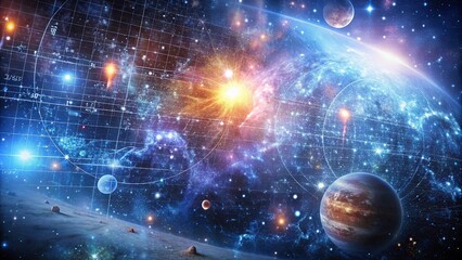 Physics and math equations on universe themed led background for interstellar space travel simulation