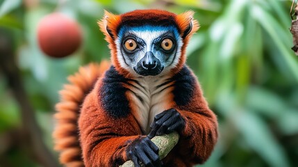 close-up of a red ruffed lemur with striking orange fur and large eyes, perched on a branch against 