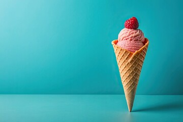 A wide-angle shot of a juicy ice cream cone with raspberry ice cream on a pastel blue background, perfect for a trendy summer concept, raspberry, cool, temptation, snack, tasty, food, sweet