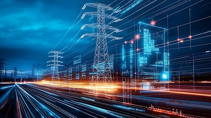 Wall Mural - - power grid with digital data overlay, representing energy markets and infrastructure, evening sett