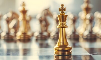 King golden chess standing confront of the silver chess team to challenge concepts of leadership and business strategy management and leadership.