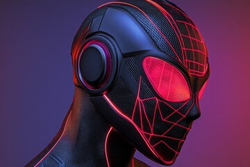 Sticker - Futuristic Black and Red Robot Helmet with Glowing Eyes Representing Advanced Technology and the Future of Robotics