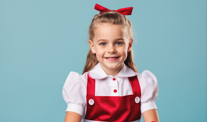 A young girl with blonde hair and a red bow smiles at the camera while wearing a white blouse with puffed sleeves and a red pinafore dress