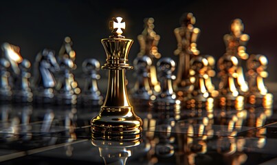 Wall Mural - King golden chess standing confront of the silver chess team to challenge concepts of leadership and business strategy management and leadership.