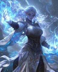 Wall Mural - powerful elf mage wielding blue arcane flames in a dark mystical realm with flowing white hair and intricate armor