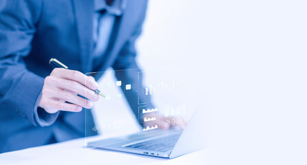 Poster - analyst reports analytics business. concept of managing the system database, and research on platform digital technology. analysis data plans show a dashboard chart on the computer