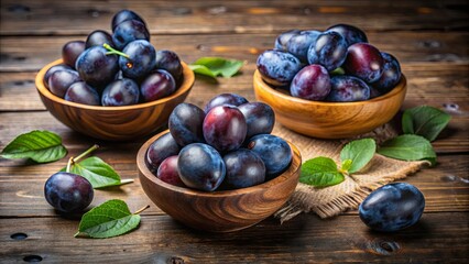 Fresh black plums in rustic wooden bowls on background