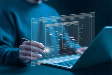 Fototapete - project planner in software, managing milestones on a timeline Gantt chart in technology online. schedule plan management work update and workflow. concept updating and appointment staff of business