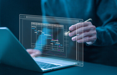 Fototapete - project planner in software, managing milestones on a timeline Gantt chart in technology online. schedule plan management work update and workflow. concept updating and appointment staff of business