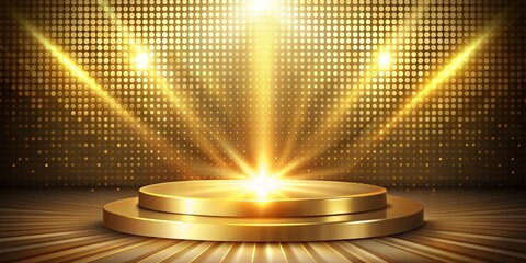 Golden podium with glowing light effect and circle dots background, symbolizing achievement and success