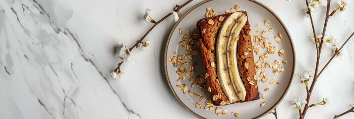 Canvas Print - Homemade gluten-free, sugar-free banana bread cake, freshly baked, viewed from above in a flat lay style, offering a healthy and delicious sweet option.