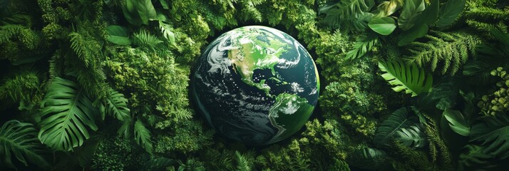 Horizontal design with a vibrant green Earth globe and surrounding forests, emphasizing environmental care and nature conservation