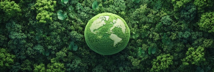 Horizontal design with a vibrant green Earth globe and surrounding forests, emphasizing environmental care and nature conservation