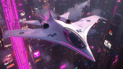 Futuristic Spaceship Flying Over Neon Cityscape