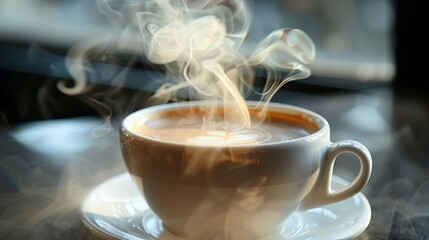 Canvas Print - Smoke rising from a hot cup of coffee adds to the sensory experience of the drink.