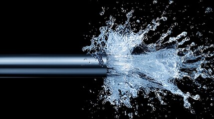 Poster - Close-up of water gushing from a broken pipe, droplets captured in mid-air, emergency repair scenario, copy space for text,