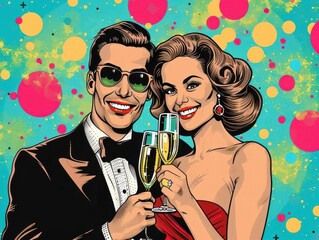 couple celebrating with champagne, pop art, bright, illustration, emphasizing joy and celebration