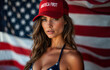 © Gaston - America First: Woman wearing a red cap and a patriotic bikini standing in front of the american flag. Republican party supporter