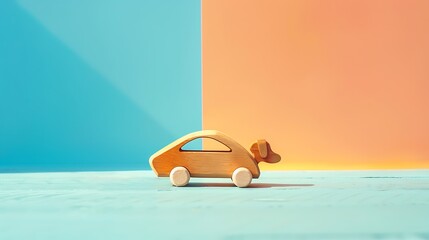 Wall Mural - dog car wooden toy isolated on colorful background