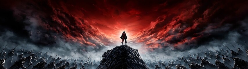 Wall Mural - anime hero standing alone on a cliff, with a massive army approaching from below, under a blood-red 