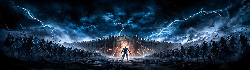 Wall Mural - anime hero defending a fortress from the last wave of attackers, under a dark and stormy sky, panini
