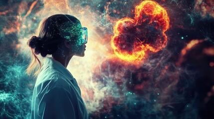 Woman in VR Headset Observing a Fiery Cosmic Explosion