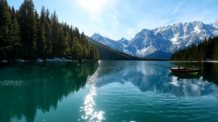 Wall Mural - Small boat moored on a tranquil lake surrounded by mountains during a clear sunny day