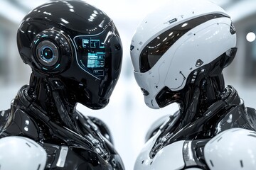 Canvas Print - Two advanced robots face each other symbolizing the evolution of artificial intelligence and the complex dynamics in a digital future