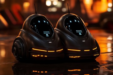 Poster - Pair of sleek futuristic robots with glowing interfaces symbolizing the rise of automation and its impact on modern society