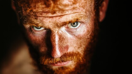 Wall Mural - A gritty portrait of a rugged redhaired Irish man with a stern expression captured in a dark moody setting with harsh shadows and a dramatic contrast between light and dark his weathered face and pier